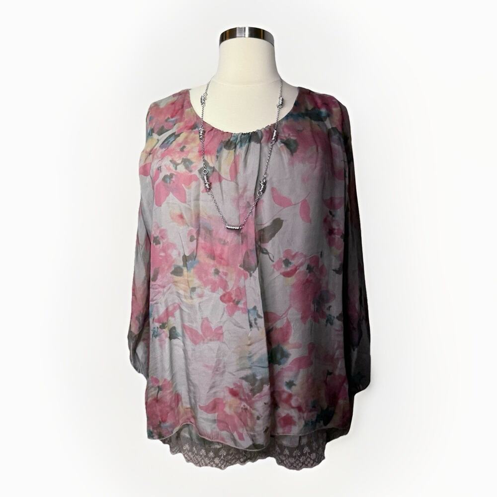 Prontomoda Giusy Top 3X Silk Gray & Pink Floral Blouse Lace Hem Italy Romantic